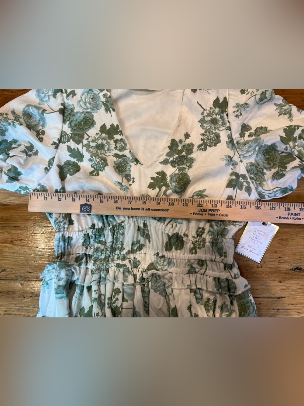 Doen Style V-Neck Green & White Floral Linen Blend Midi Dress Cottagecore - Picture 7 of 8